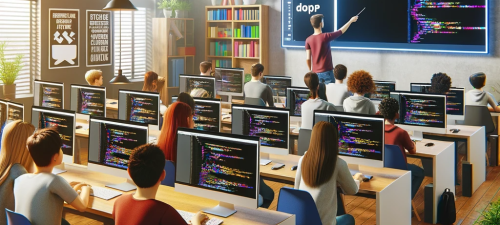 DALL·E-2024-01-29-13.17.47-Image-of-a-modern-colorful-classroom-with-computers-on-desks-showing-code-on-the-screens.-There-are-students-of-various-ages-attentively-looking-at